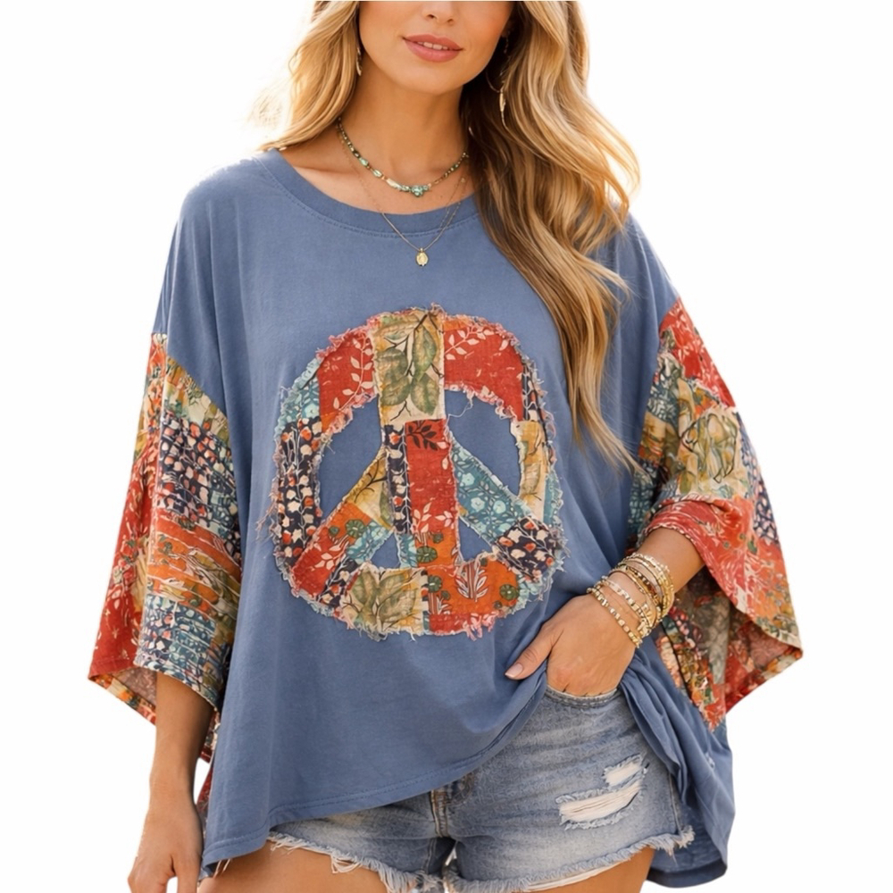 Blue Velvet Womens Top Peace Patchwork Print S/M Bohemian Hippie Kimono Poncho